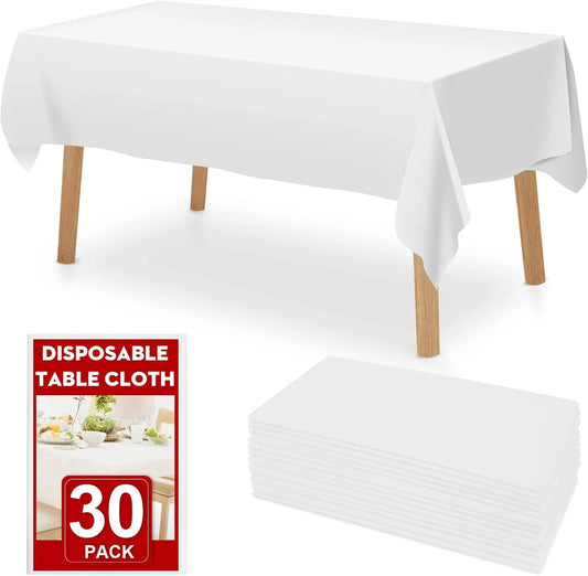 30 Pack White Plastic Table Cloths Disposable, 54 X 108 Inches Plastic Table Cover for Rectangle Tables, Disposable Tablecloth for Dinning, Parties, BBQ, Wedding, Outdoor