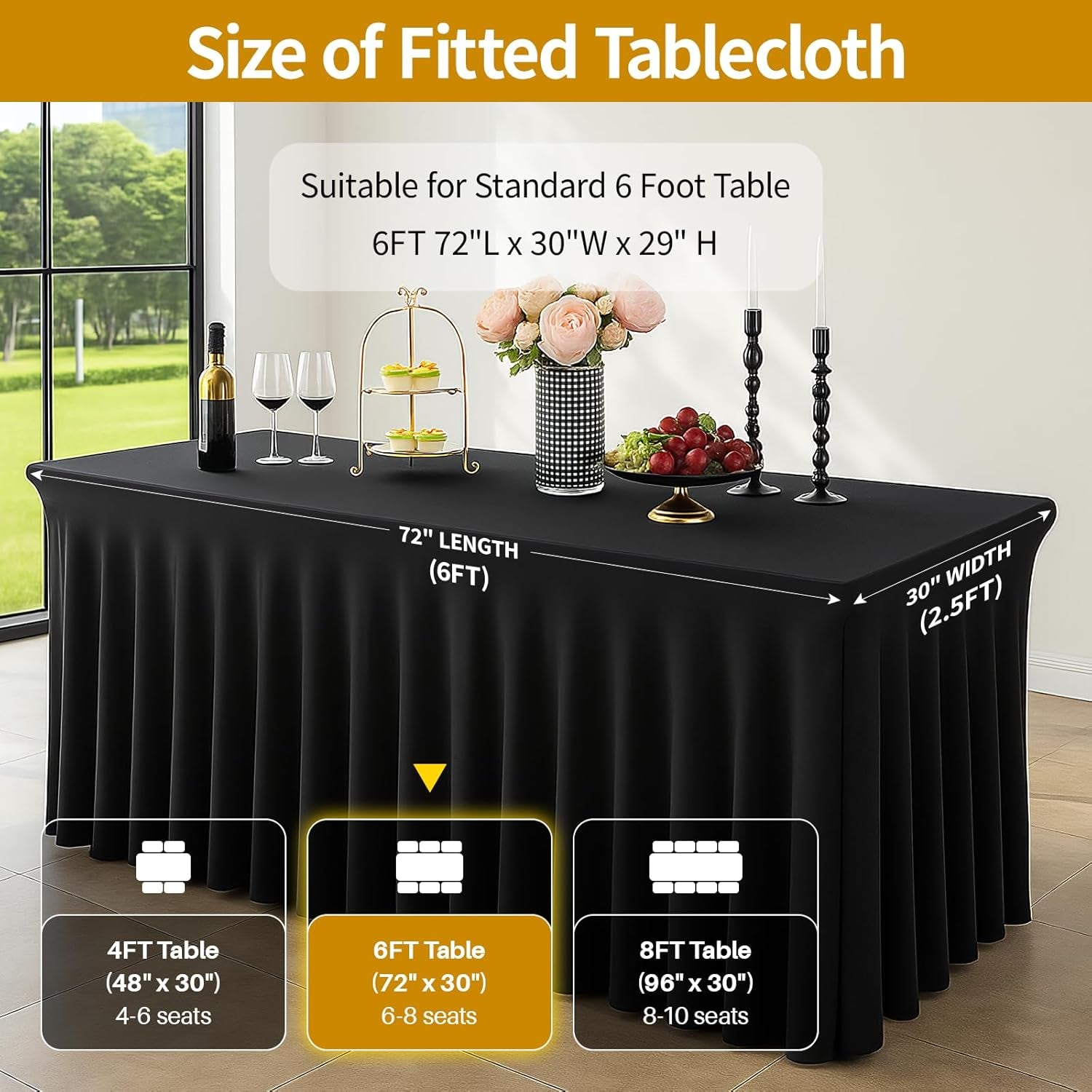 2 Pack Black Spandex Table Covers 6 Foot, Fitted Stretch Tableclothes 30X72 Inch, Wrinkle Free 6FT Fitted Table Clothes with Skirt for Party, Banquet, Wedding and Events