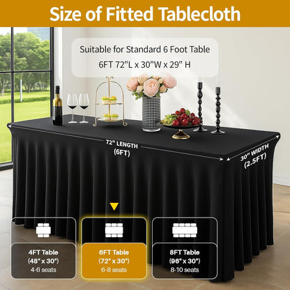 2 Pack Black Spandex Table Covers 6 Foot, Fitted Stretch Tableclothes 30X72 Inch, Wrinkle Free 6FT Fitted Table Clothes with Skirt for Party, Banquet, Wedding and Events