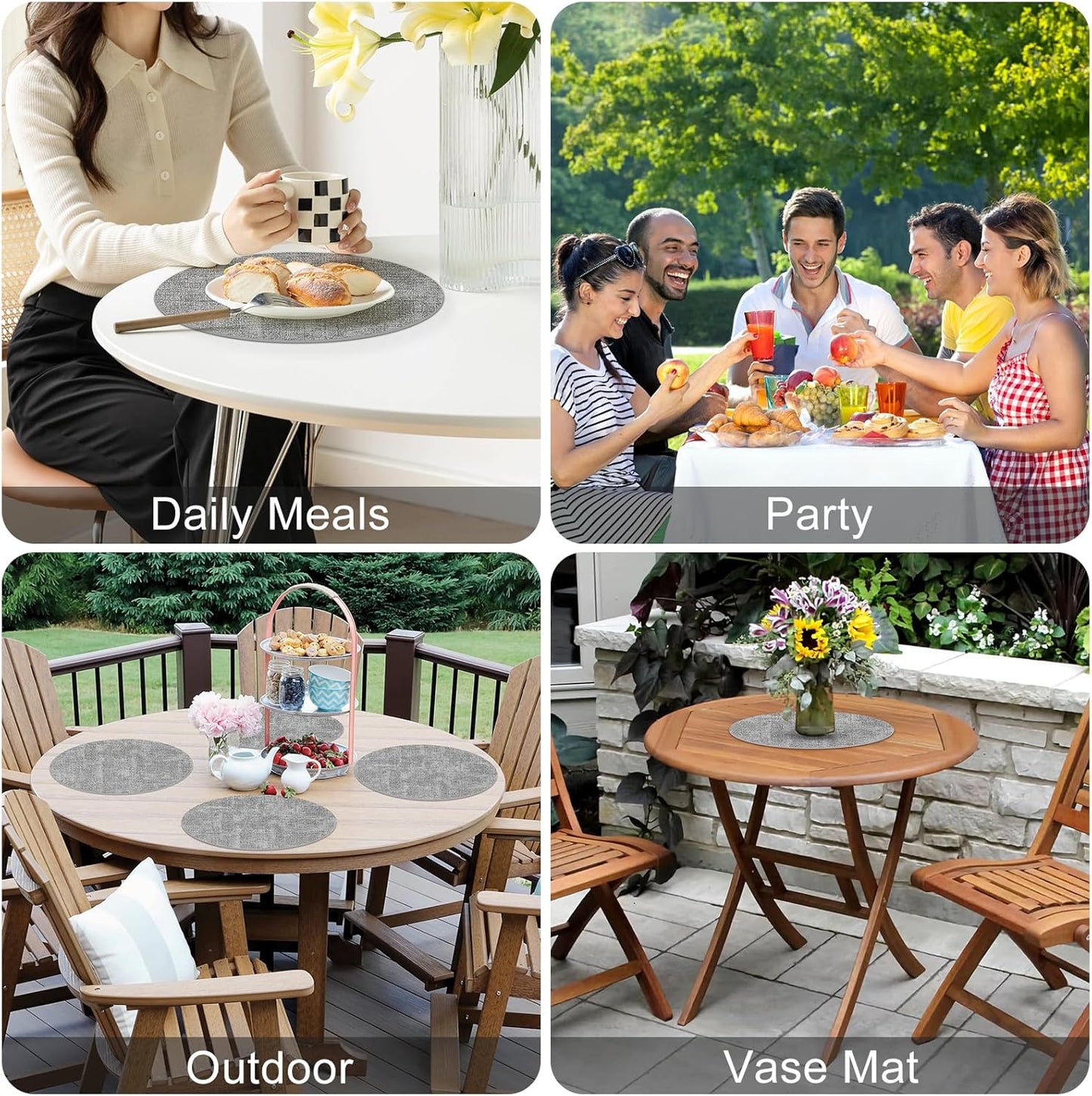 round Faux Leather Placemats and Coasters, Washable Dual-Side Table Mats, Wipeable Heat-Resistant Dining Place Mats for Outdoor and Indoor, Set of 6, Diameter 13 and 3.93 Inch, Light Grey