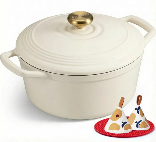 Enameled Cast Iron Dutch Oven - 5.5QT Pot with Lid Cookbook & Cotton Potholders - Heavy-Duty Cookware for Braising, Stews, Roasting, Sourdough Baking White