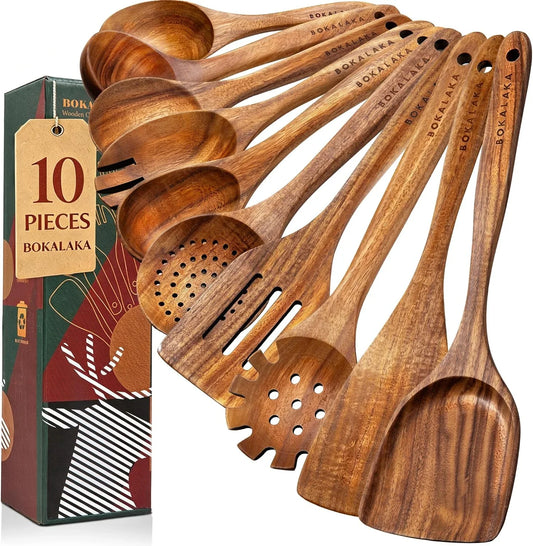 Wooden Spoons for Cooking,10 Pcs Natural Teak Wooden Kitchen Utensils Set Wooden Utensils for Cooking Wooden Cooking Utensils Wooden Spatulas for Cooking (10)