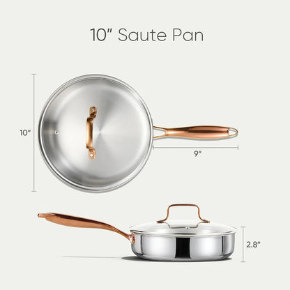 10" Tri-Ply Stainless Steel Deep Frying Pan with Lid, Non-Toxic Saute Pan, Oven Safe, Induction, Ceramic and Gas Cooktops Compatible, Silver