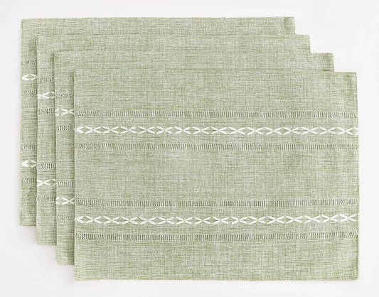 Cotton Linen Placemats, 12 X 18 Inch Set of 4 Fete Placemats Rustic Hemstitch Place Mats for Kitchen Table and Heat Resistant-Sage Green