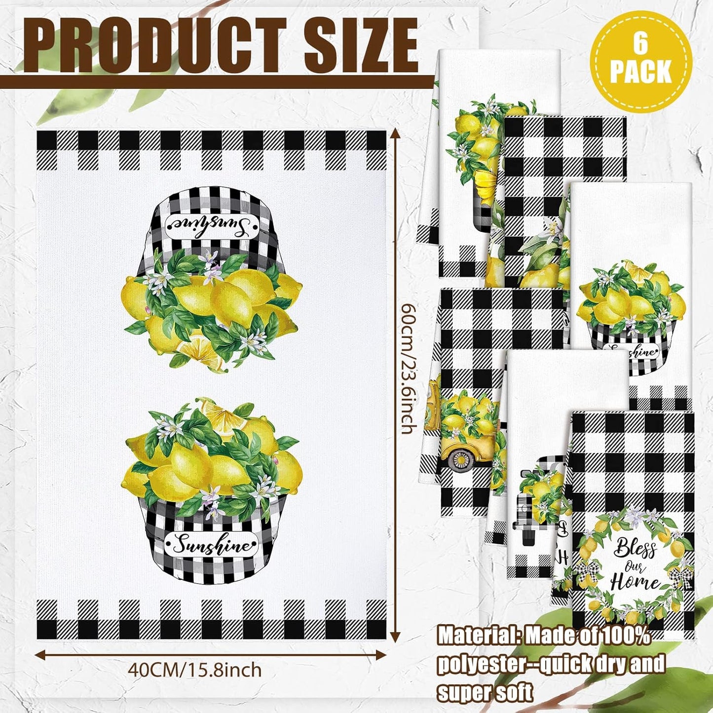 6 Pcs Lemon Kitchen Towels Lemonade Dish Towels with Sayings Decorative Hand Tea Dishcloths for Kitchen Decor with Hanging Loop for Housewarming Gift(Black White,Plaid Lemon)