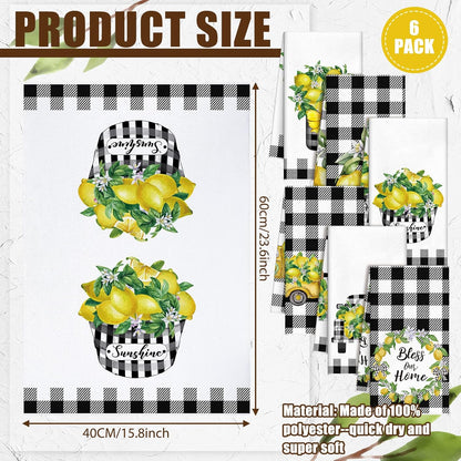 6 Pcs Lemon Kitchen Towels Lemonade Dish Towels with Sayings Decorative Hand Tea Dishcloths for Kitchen Decor with Hanging Loop for Housewarming Gift(Black White,Plaid Lemon)