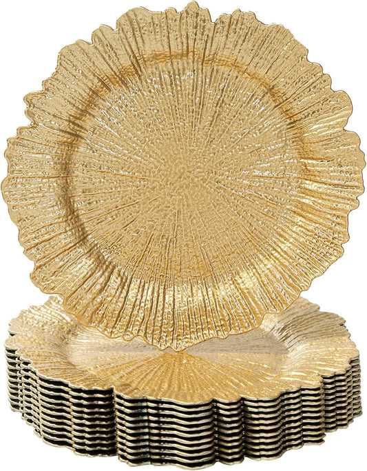 Gold Charger Plates Set of 12, Reef Plate Chargers for Dinner Plate, round Plastic Table Chargers for Thanksgiving, Christmas