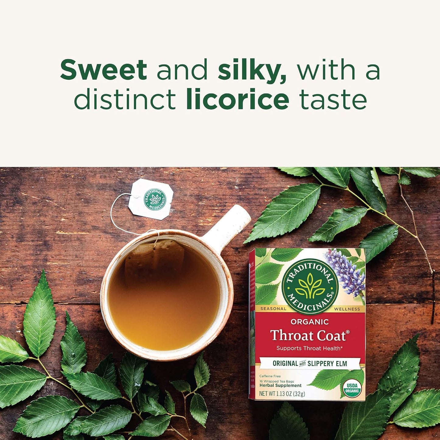Organic, Throat Coat Tea, Original with Slippery Elm - Supports Throat Health - Kosher, Non-Gmo, Caffeine-Free, Compostable - 16 Tea Bags
