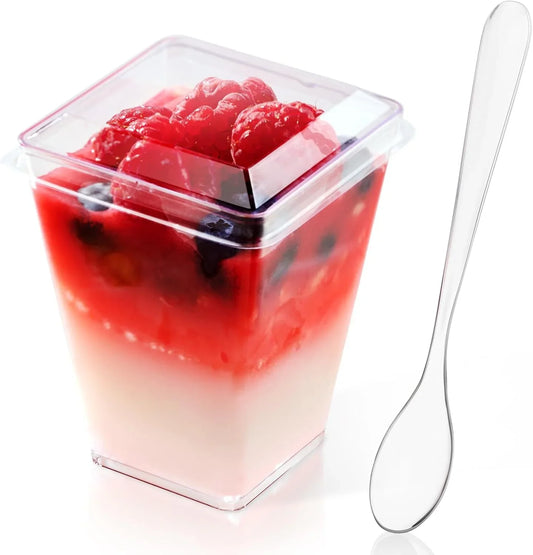 50 Pack 5 Oz Plastic Dessert Cups with Lids and Spoons, Yogurt Parfait Appetizer Cup for Party, Clear Mini Dessert Shooter for Pudding Fruit Trifle Ice Cream