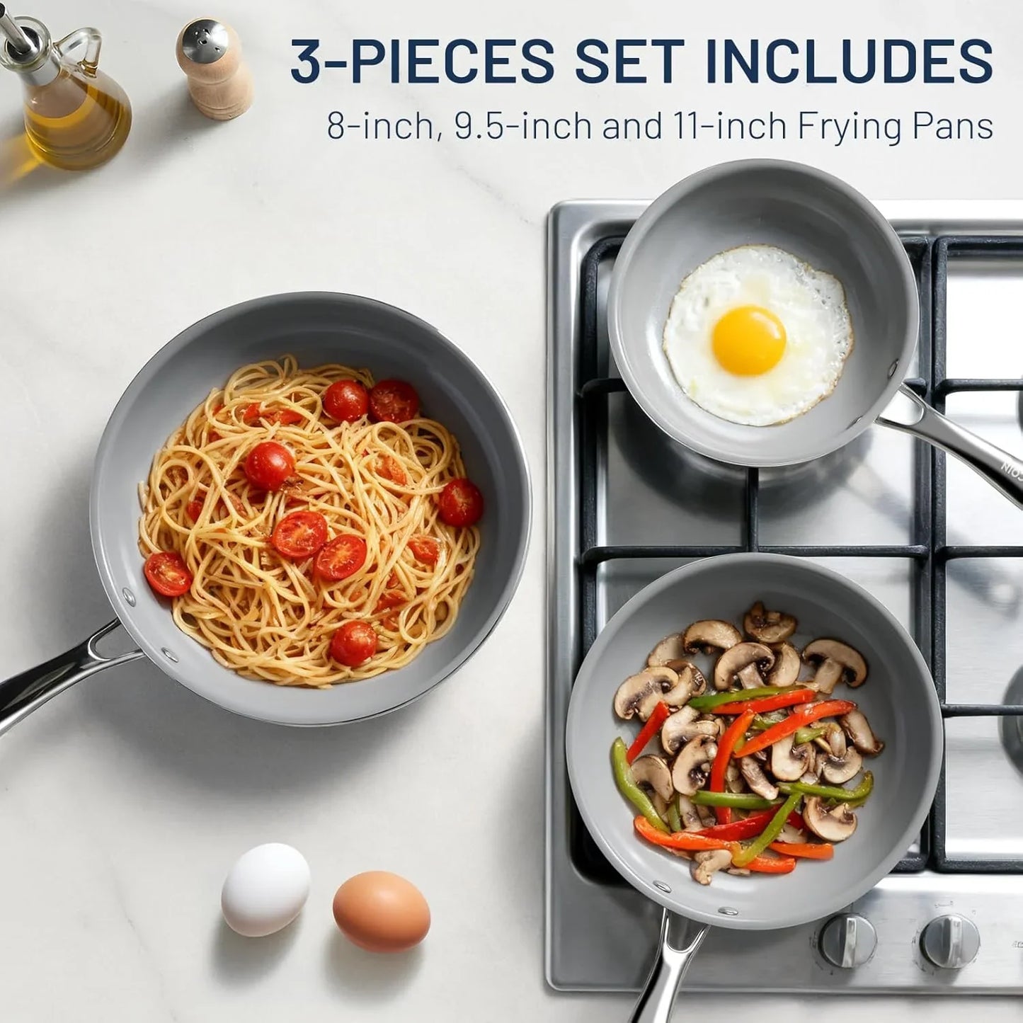 Non Stick Frying Pans, 3 Pack Ceramic Frying Pan for Cooking, 8+9.5+11 Inch Omelette Pans Set with Stay Cool Handle, Induction Ready, Free of PFAS PFOA PTFE, Oven/Dishwasher Safe