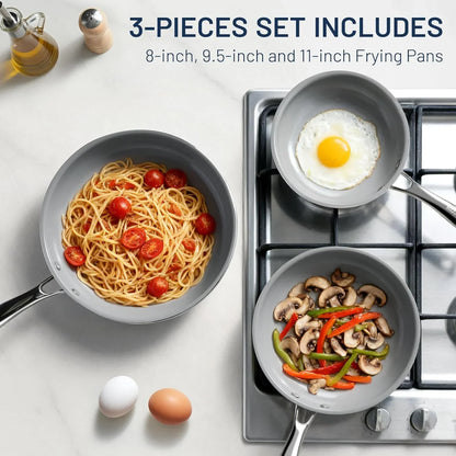 Non Stick Frying Pans, 3 Pack Ceramic Frying Pan for Cooking, 8+9.5+11 Inch Omelette Pans Set with Stay Cool Handle, Induction Ready, Free of PFAS PFOA PTFE, Oven/Dishwasher Safe