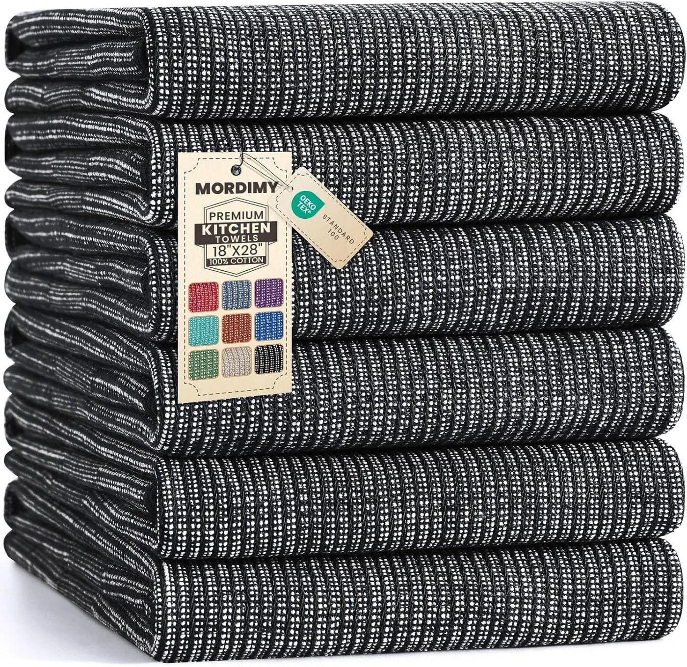 Premium Kitchen Towels 6 Pack (18 X 28 Inches, Black), Large Cotton Kitchen Hand Towel, Flat & Terry Dish Towels for Drying Dishes, Super Absorbent Tea Dishtowels Set with Hanging Loop