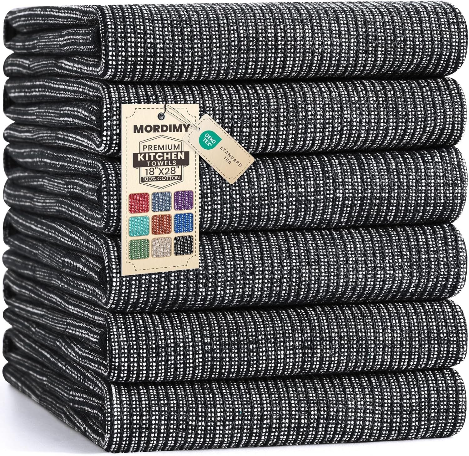 Premium Kitchen Towels 6 Pack (18 X 28 Inches, Black), Large Cotton Kitchen Hand Towel, Flat & Terry Dish Towels for Drying Dishes, Super Absorbent Tea Dishtowels Set with Hanging Loop