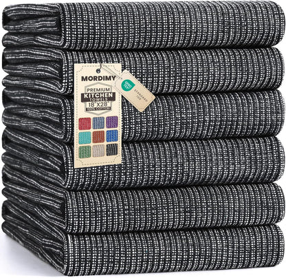 Premium Kitchen Towels 6 Pack (18 X 28 Inches, Black), Large Cotton Kitchen Hand Towel, Flat & Terry Dish Towels for Drying Dishes, Super Absorbent Tea Dishtowels Set with Hanging Loop