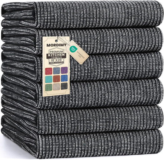 Premium Kitchen Towels 6 Pack (18 X 28 Inches, Black), Large Cotton Kitchen Hand Towel, Flat & Terry Dish Towels for Drying Dishes, Super Absorbent Tea Dishtowels Set with Hanging Loop