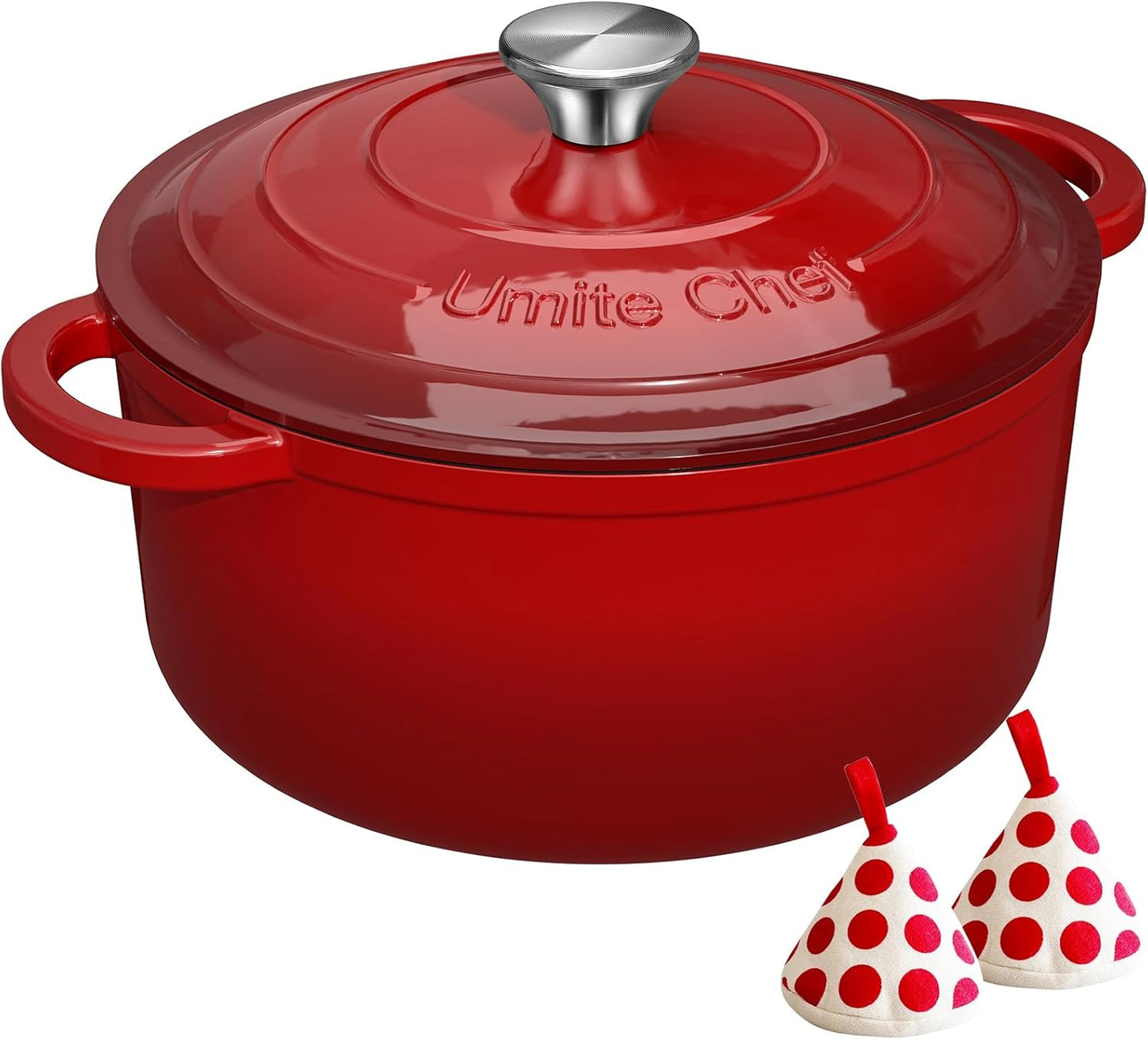 Enameled Cast Iron Dutch Oven -  5QT Pot with Lid & Cotton Potholders - Heavy-Duty Cookware for Bread Baking, Braising, Stews, Roasting(Red)