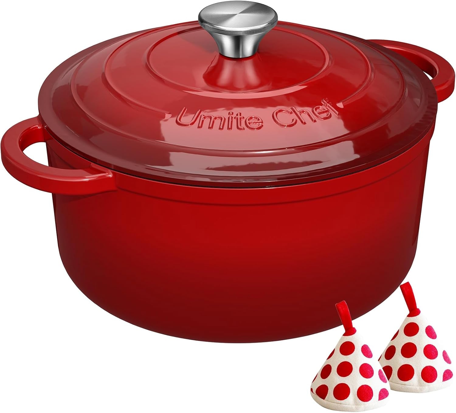 Enameled Cast Iron Dutch Oven -  5QT Pot with Lid & Cotton Potholders - Heavy-Duty Cookware for Bread Baking, Braising, Stews, Roasting(Red)