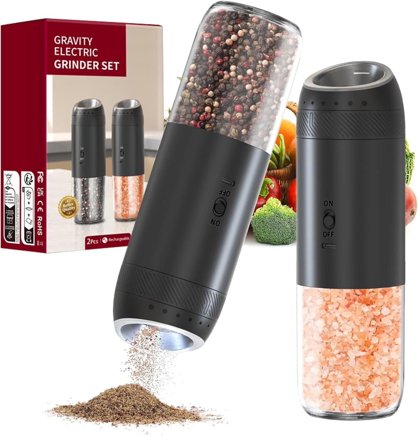 Gravity Electric Salt and Pepper Grinder Set Rechargeable, External Adjustable Coarseness, Automatic Salt and Pepper Shakers Mill with LED Light, 6Oz/176Ml Large Capacity, House Warming Gifts (2 Pack)