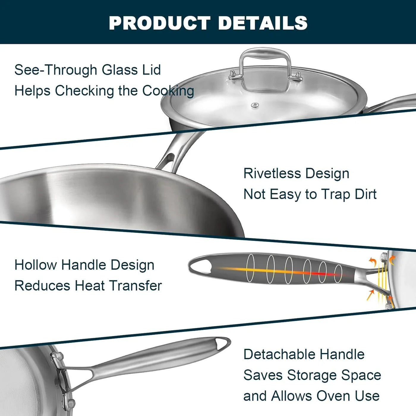 Tri-Ply Stainless Steel Frying Pans Set with Lid,  8”/10”/12” Cooking Pans, PFOA&PTFE Free Skillet, Induction Cooking Pan, Dishwasher and Oven Safe, Fast & Even Heat, Suitable for All Stove