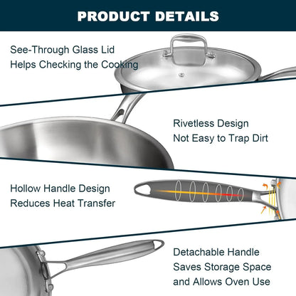 Tri-Ply Stainless Steel Frying Pans Set with Lid,  8”/10”/12” Cooking Pans, PFOA&PTFE Free Skillet, Induction Cooking Pan, Dishwasher and Oven Safe, Fast & Even Heat, Suitable for All Stove