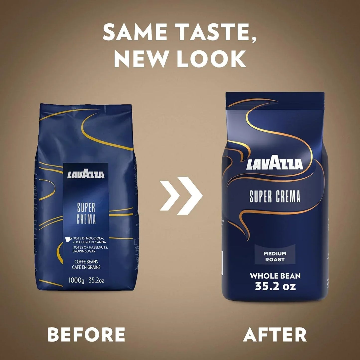 Lavazza Super Crema coffee beans before and after packaging redesign, medium roast whole bean