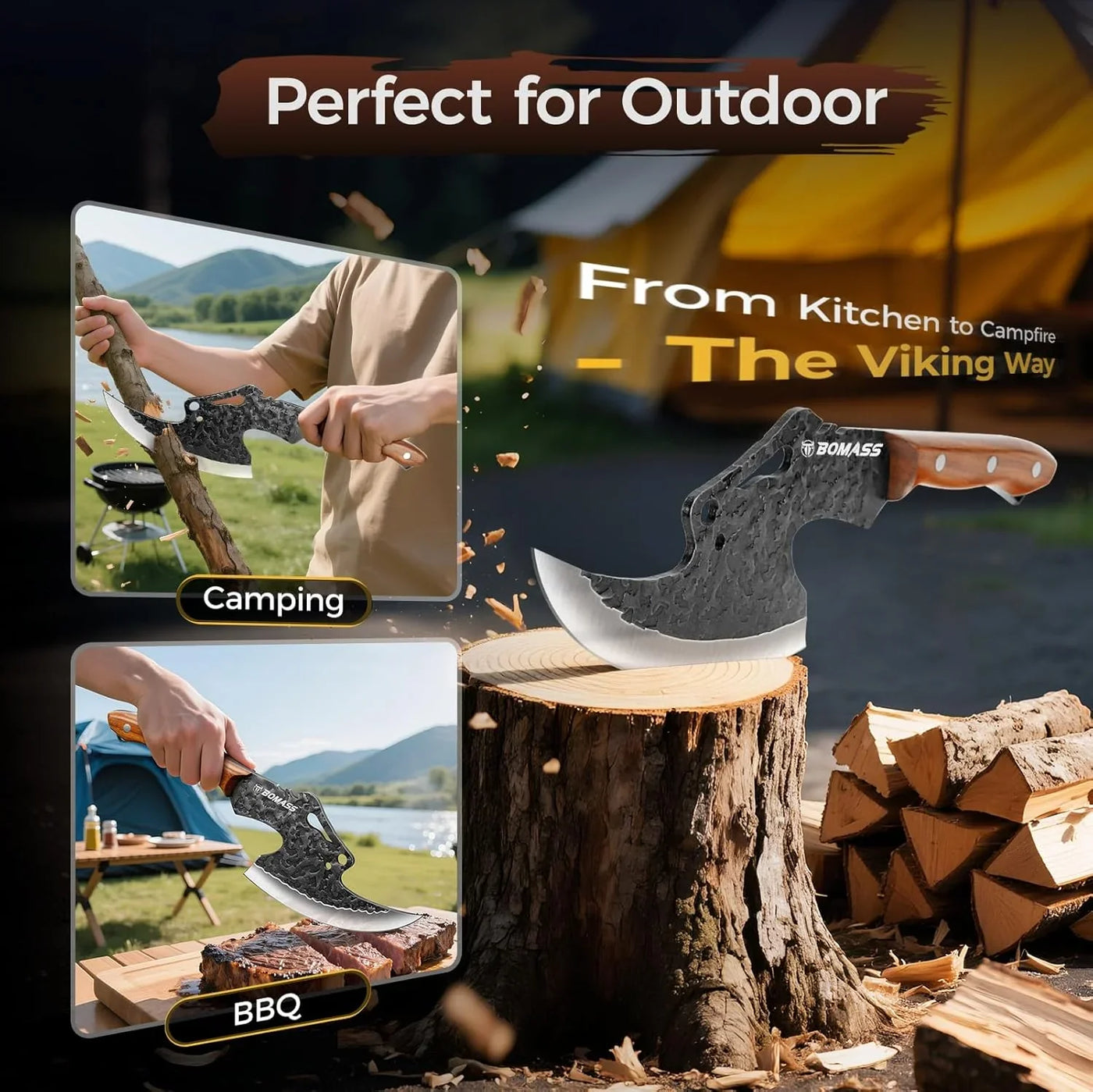Viking Meat Cleaver Knife Boning Knife Hand Forged Heavy Duty Butcher Knife Meat Cutting Kitchen Axe for Outdoor BBQ Birthday Chirstmas Viking Gifts for Men