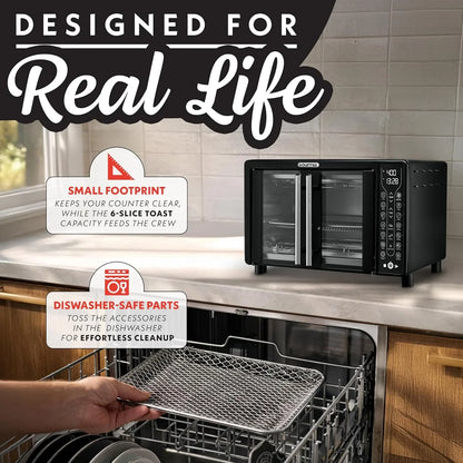 French Door Air Fryer – 25 Qt Large Capacity Convection Oven, Fryforce 360°, Digital Display with 17 Cooking Presets, Bake, Toast, Roast, Dehydrate, Fits 12” Pizza