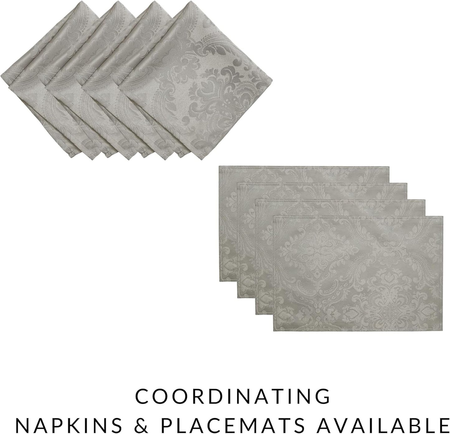 Home Fashions Caiden Elegance Damask Waterproof, Stain & Wrinkle Resistant Fabric Tablecloth, 52" X 52" Square, Silver