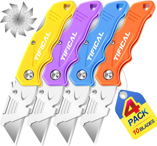 Box Cutter, Quick Change Folding Box Cutter with Clip, Folding Utility Knife Set, Extra 10 SK5 Razor Knife Blades, Pocket Box Opener Cutter for Cardboard, Drywall, Rope, Linoleum, Packages