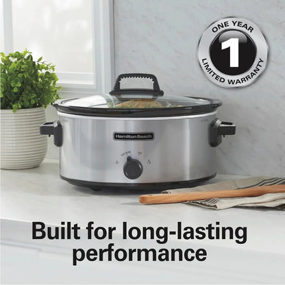 6-Quart Slow Cooker with 3 Cooking Settings, Dishwasher-Safe Stoneware Crock & Glass Lid, Silver (33665G)