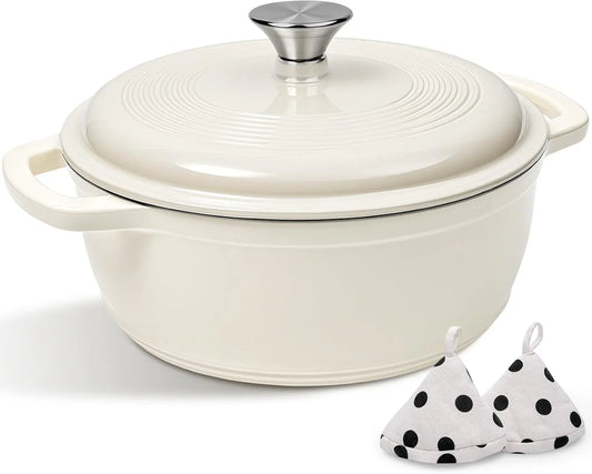 Enameled Cast Iron Dutch Oven Pot with Lid -  5QT Dutch Oven for Bread Baking with Cotton Potholders - Heavy-Duty Cookware for Braising, Stew, Roasting, Oven Safe up to 500°F, Cream White