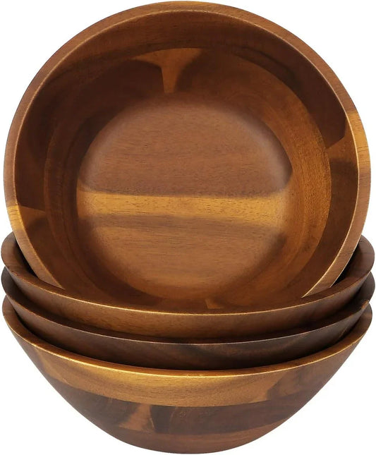 Acacia Wooden Serving Bowls, 7 Inch Set of 4 for Salad, Soup, Noodle and More