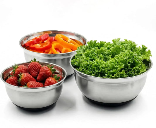 Metal Mixing Bowls Set Stainless Steel, Metal Bowl for Baking, Non Slip Mixing Bowl Set, Salad Bowl with Pour Spout, Nesting Design& Dishwasher-Safe(Set of 3, Black Base)