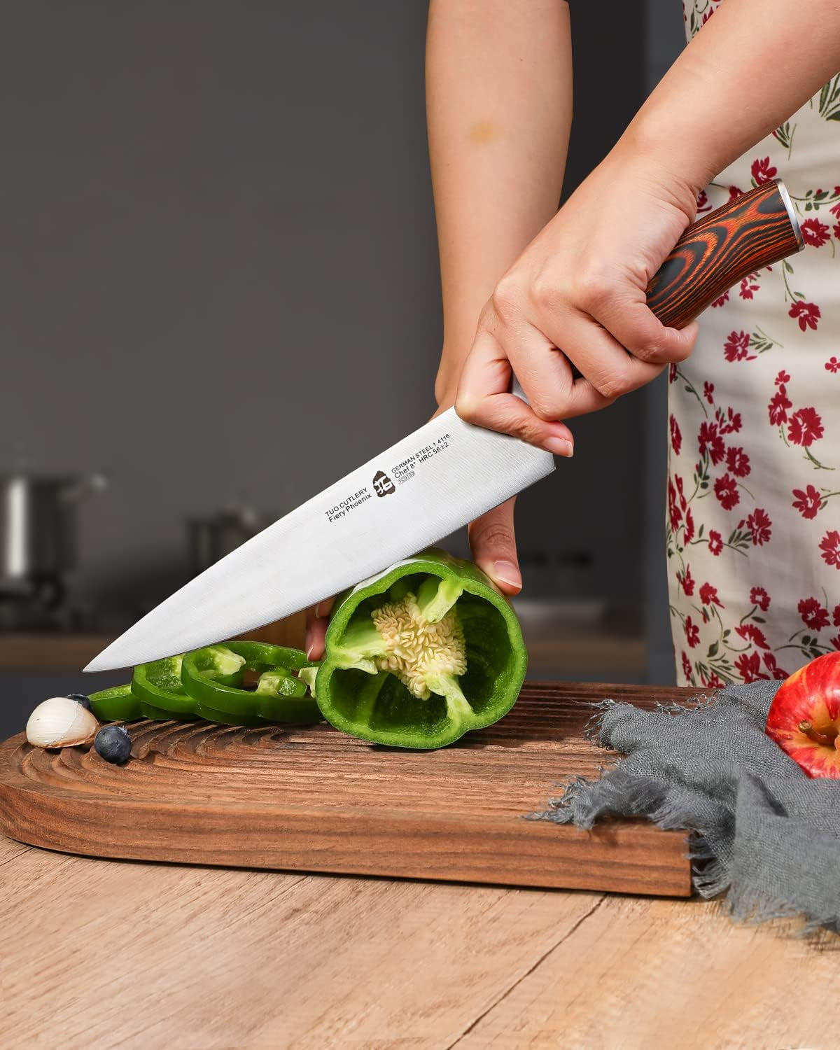 Chef Knife, 8 Inch Sharp Kitchen Knife with Pakkawood Handle, High Carbon Steel, Professional for Chopping & Dicing, Gift Box - Fiery Phoenix Series
