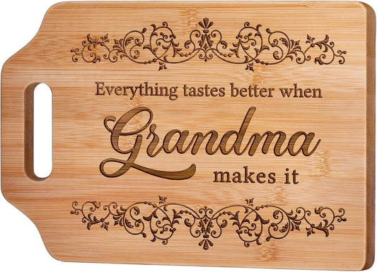 Mothers Day Gifts for Grandma Gifts for Birthday from Grandkids - Engraved Bamboo Cutting Board 12.3"L X 8.7"W X 0.4"Th (Everything Tastes Better)
