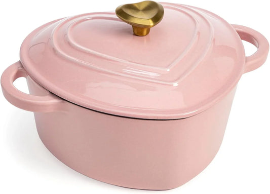 Enameled Cast Iron Dutch Oven Heart-Shaped Pot with Lid, Dual Handles, Works on All Stovetops, Oven Safe to 500°F, 2-Quart, Pink