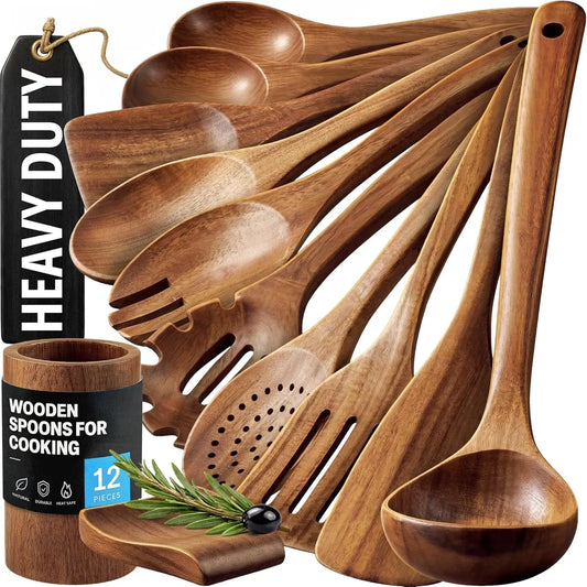 12-Piece Teak Wooden Utensils for Cooking - Natural Teak Utensil Set with Premium Gift Box - Non-Stick Wooden Spoons for Cooking - Kitchen Gift Set - Comfortable Grip Wooden Utensil Set