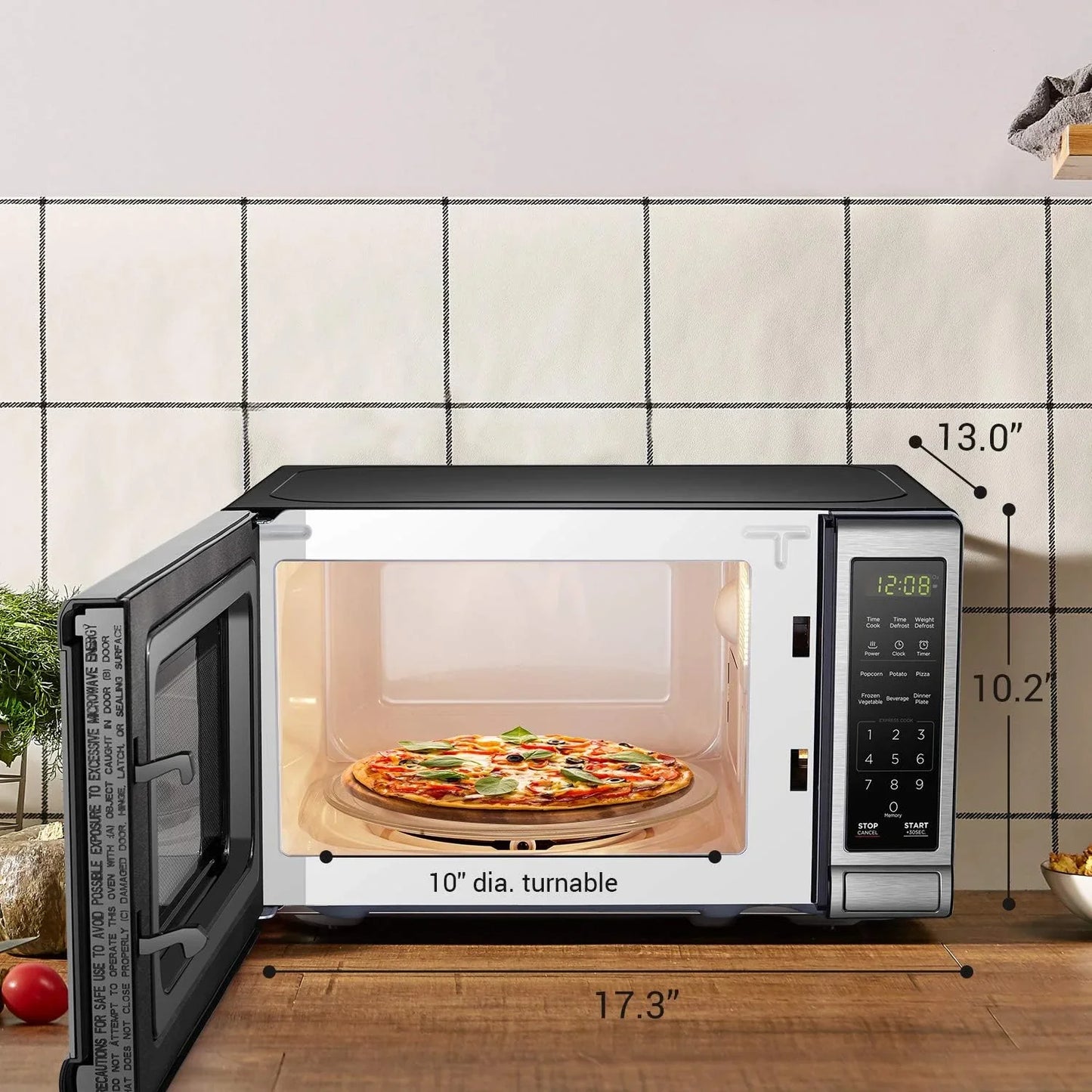 EM720CB7 Digital Microwave Oven with Turntable Push-Button Door, Child Safety Lock, 700W, Stainless Steel, 0.7 Cu.Ft
