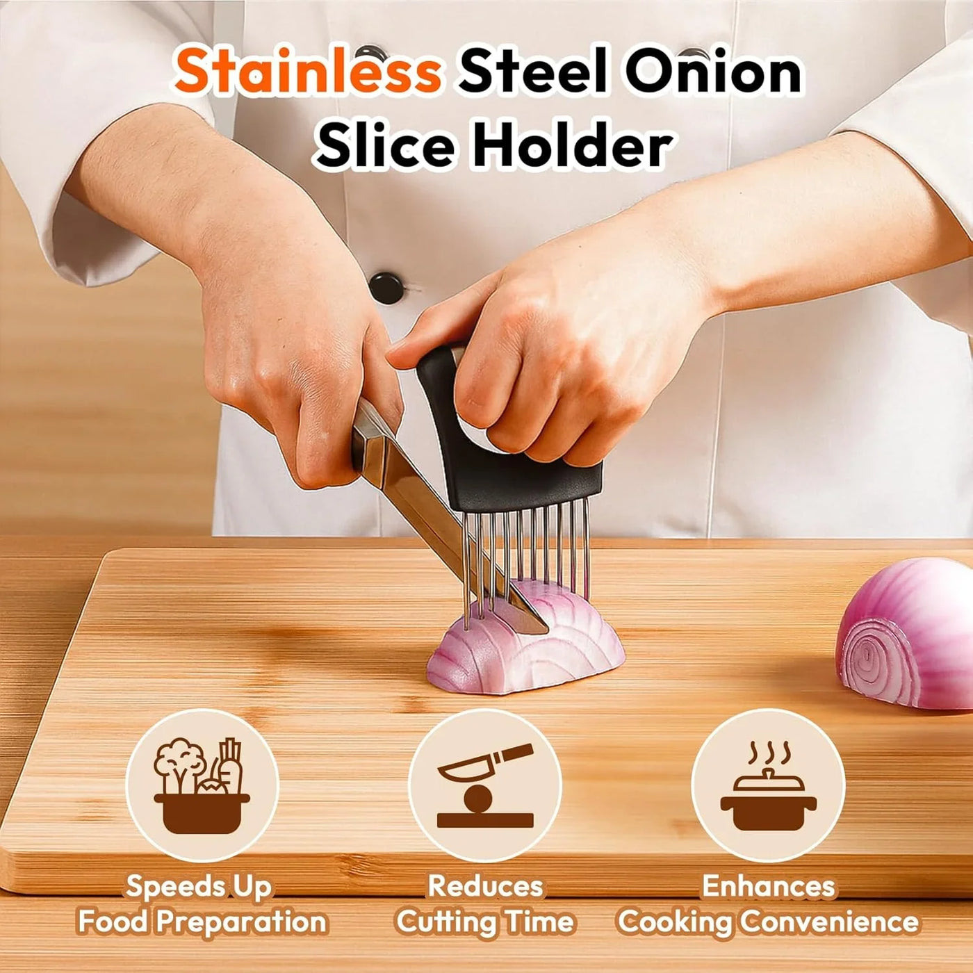 Onion Slicer, Stainless Steel Onion Holder for Slicing with Protective Case, Onion Cutter Tool for Meat Lemon Potato Tomato Avocado Egg Kitchen Slicing Assistant Tool (1 PCS)