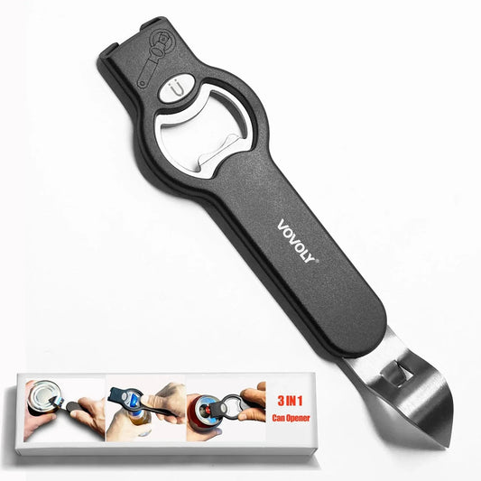 3-In-1 Magnetic Bottle and Can Opener for Refrigerator, Stainless Steel Manual Can Punch Opener for Liquid with Cap Catcher, Stick to Fridge for Easy Storage, Can Tapper Church Key with Magnet (Black)