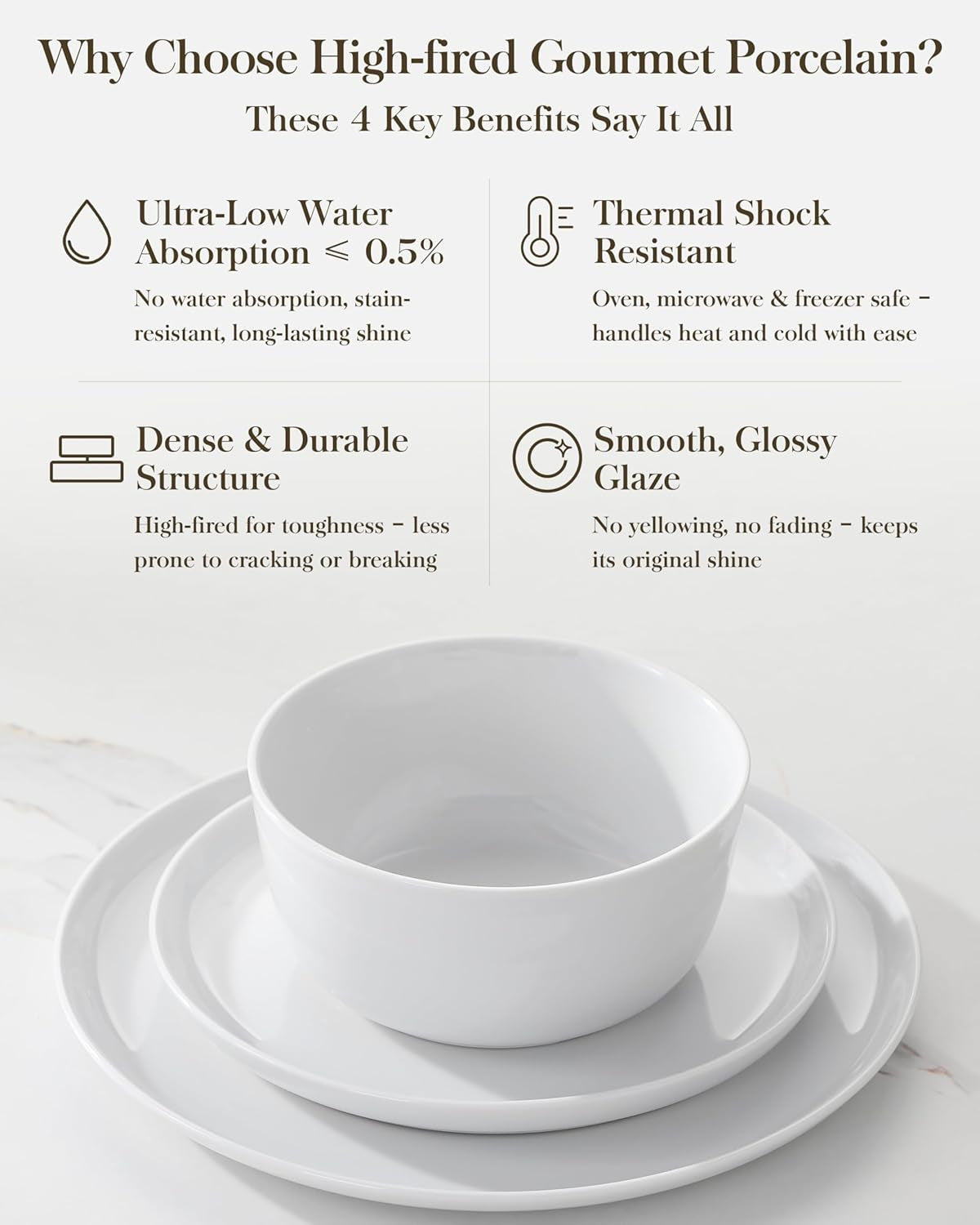 24 Pieces Gourmet Porcelain Dinnerware Sets, Premium Plates and Bowls Set, High-Fired Ceramic Dishes Set for 8, Chip & Scratch Resistant, Microwave Dishwasher Safe, White, Series LEXI