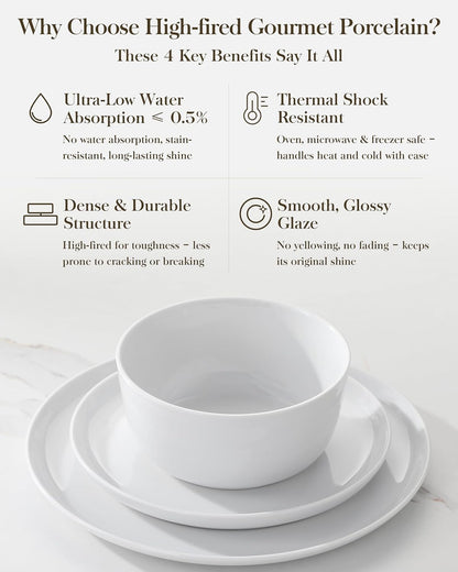 24 Pieces Gourmet Porcelain Dinnerware Sets, Premium Plates and Bowls Set, High-Fired Ceramic Dishes Set for 8, Chip & Scratch Resistant, Microwave Dishwasher Safe, White, Series LEXI
