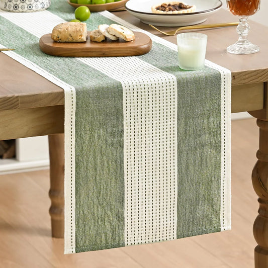Sage Green Farmhouse Rustic Table Runner, Seasonal Macrame Fabric Kitchen Dining Holiday Wedding Table Decor for Home Party 13X72 Inch