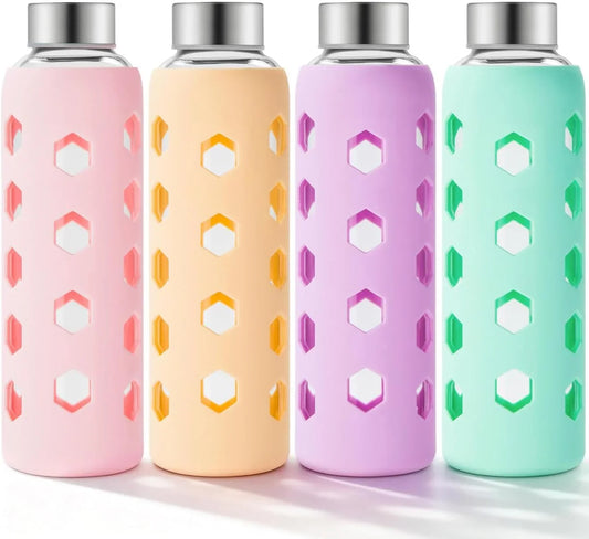 Glass Juice Bottles with Lids and Silicone Sleeves 18 Oz, 4-Pack Reusable Clear Glass Water Bottles with Stainless Steel Airtight Cap for Juicing, Refrigerator, BPA Free Leak-Proof Drinking Jar