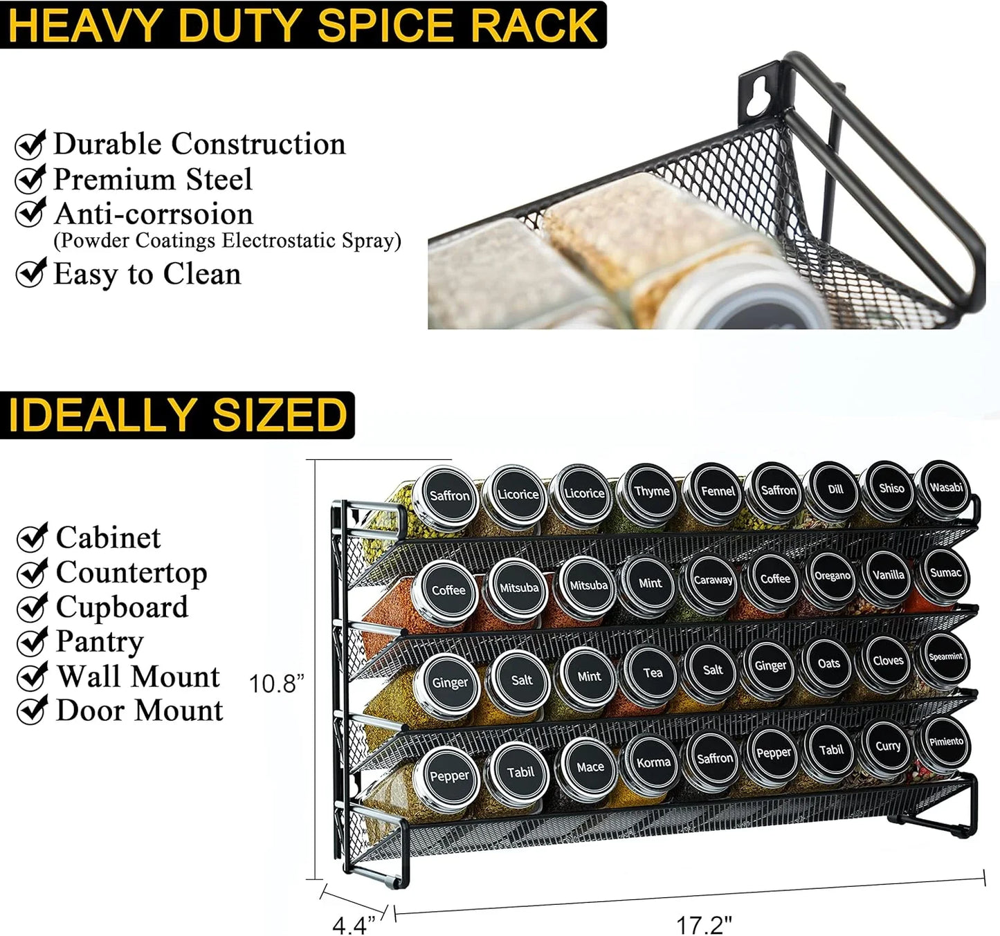 Spice Rack Organizer with 36 Spice Jars, 386 Spice Labels, Chalk Marker and Funnel Set for Cabinet, Countertop, Pantry, Cupboard or Door & Wall Mount - 36 Jars, 17.2" W × 10.8" H, Black