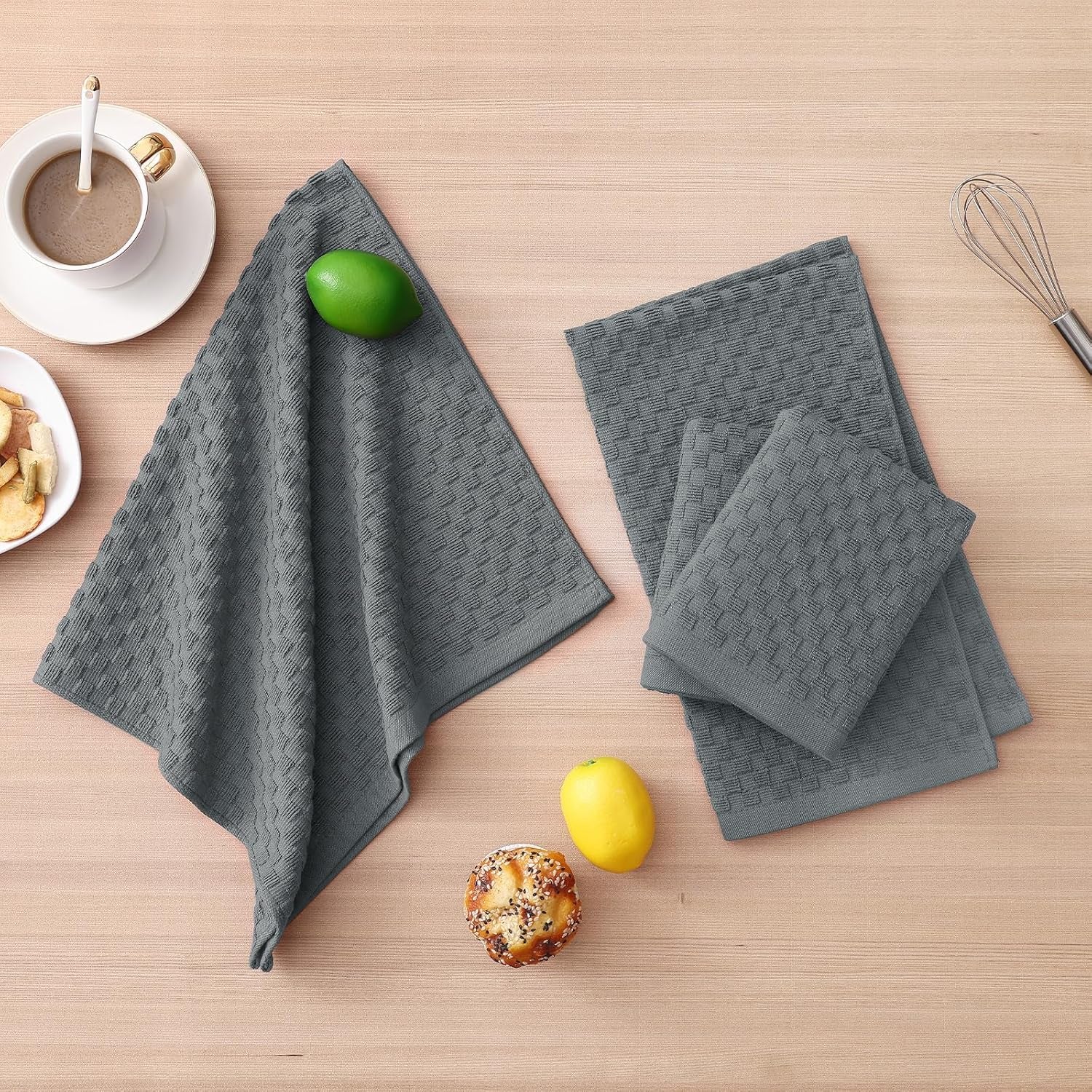 100% Cotton Kitchen Towels and Dishcloths Set, 12 X 12 & 15 X 25 Inches, Set of 8 Bulk Terry Cloth Dish Towels, Super Soft and Absorbent Hand Towel with Hanging Loop, Dark Grey