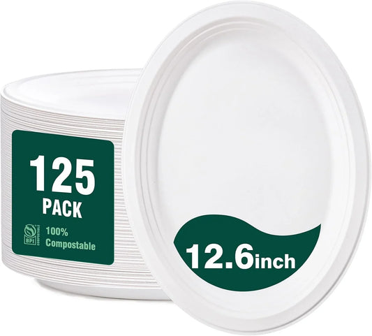 100% Compostable Oval Paper Plates 12 Inch, 125-Pack Heavy Duty Paper Plates Bulk,Biodegradable Bagasse,Eco-Friendly Disposable Dinner Plate for Bbq,Picnic,Party (BPI Certified,Microwaveable)