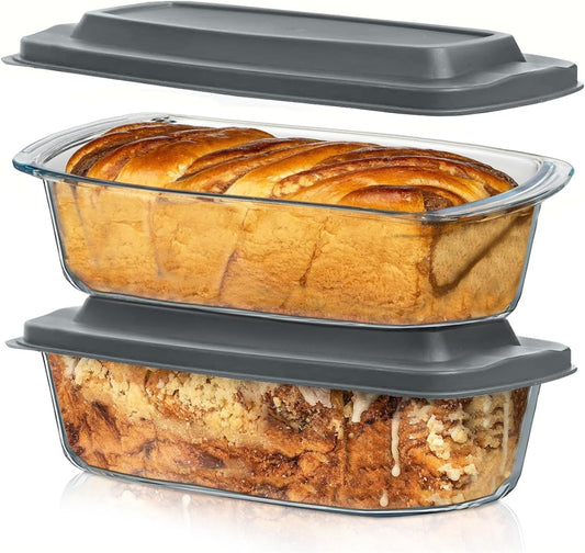 LARGE 7.6 Cups/1800 ML/1.9 Qt Glass Loaf Pan with Lids (Set of 2) - Meatloaf Pan BPA Free Airtight Lids Grip Handle Easy Carry, Microwave and Oven Safe - Loaf Pans for Baking Bread, Cakes