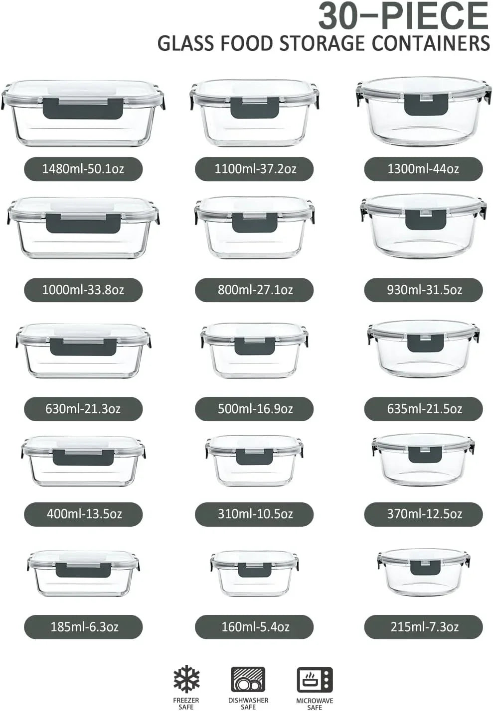 30 Pieces Glass Food Storage Containers with Snap Locking Lids,Glass Meal Prep Containers Set - Airtight Lunch Containers, Microwave, Oven, Freezer and Dishwasher