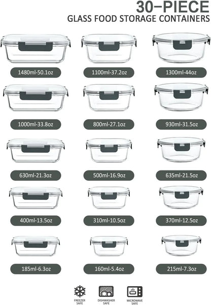 30 Pieces Glass Food Storage Containers with Snap Locking Lids,Glass Meal Prep Containers Set - Airtight Lunch Containers, Microwave, Oven, Freezer and Dishwasher